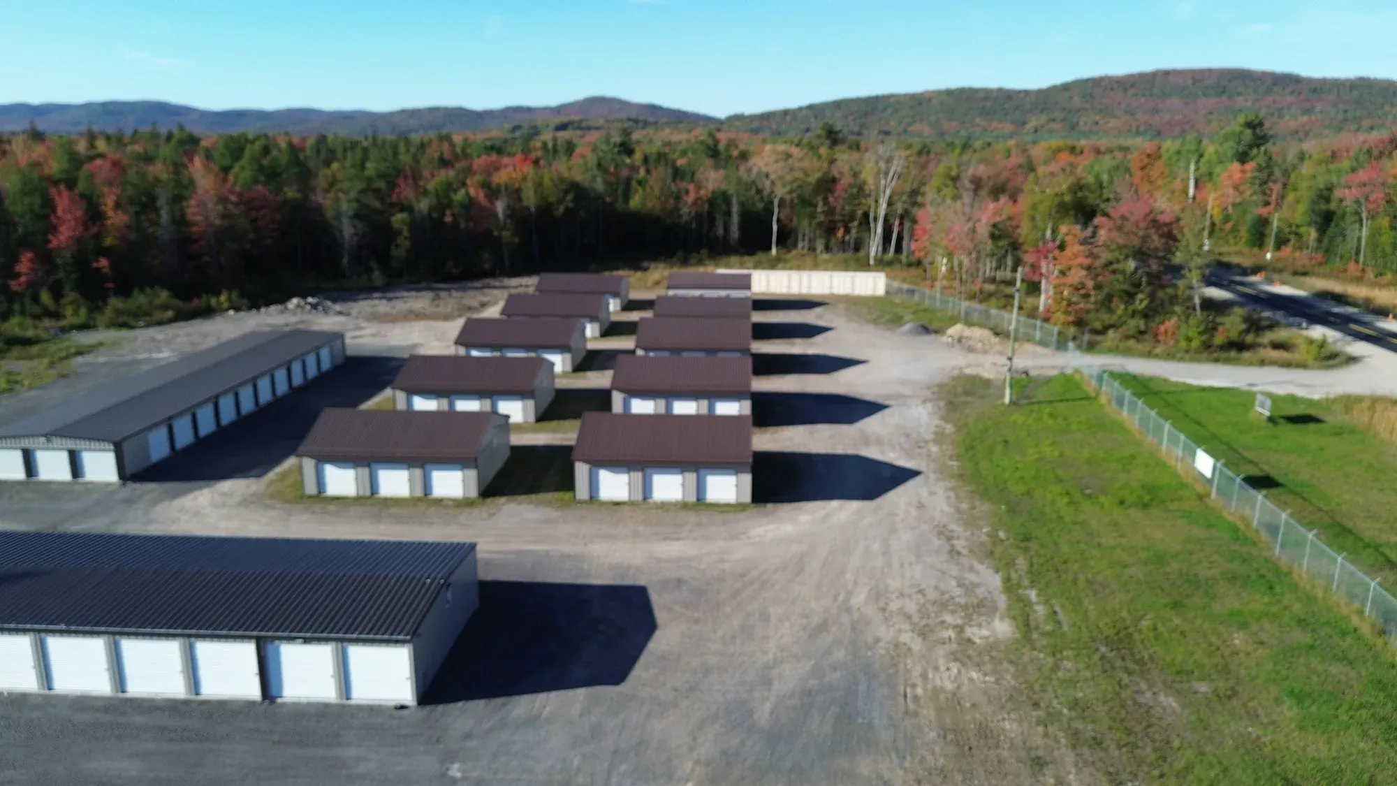 Drive-up storage units at Goulais Storage, autumn aerial view