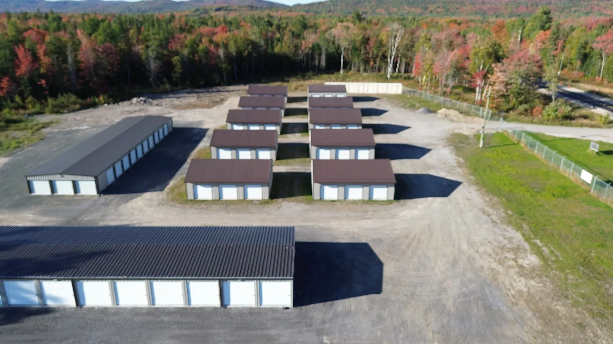 Storage units at Goulais Storage from above, fall colours