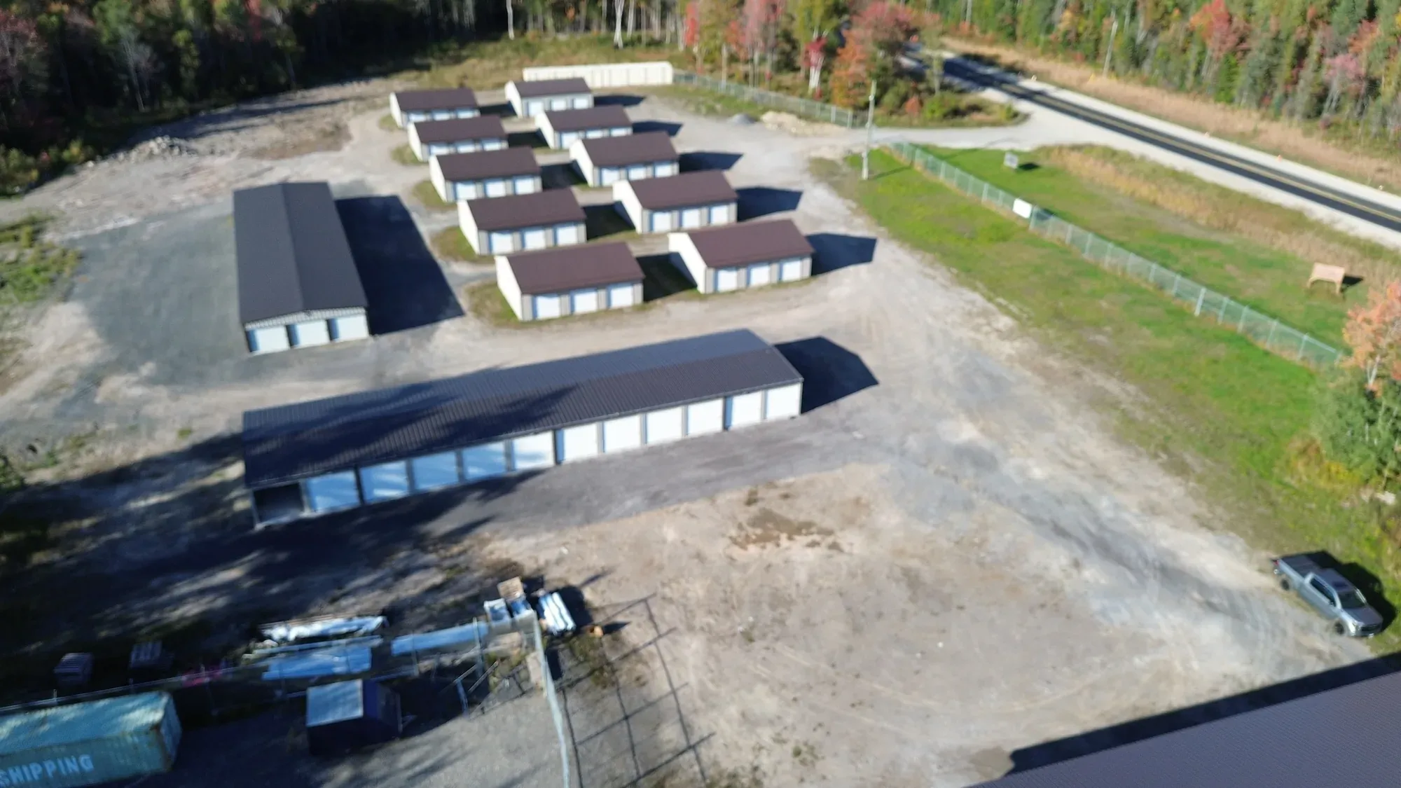 Storage building roofs at Goulais Storage, autumn season